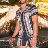 Fashion Hawaiian Print Short Sleeve Shirt Set Mens Beach Coconut Print Shorts Mens Two-piece M-3XL