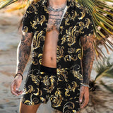 Fashion Hawaiian Print Short Sleeve Shirt Set Mens Beach Coconut Print Shorts Mens Two-piece M-3XL