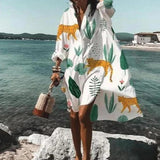 Summer Women Dresses Turn-down Collar Print Casual Long Sleeve Shirt Dress Plus Size