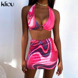 Kliou Tie Dry Two Piece Set Women 2021 Sexy Halter Sequined Beachwear Cleavage Crop Top+Mini Skirt Suit Female платье Outfits