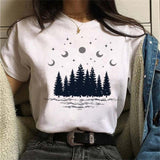 Maycaur New Funny Moon Print T Shirt Women White and Black Shirts Fashion Round Neck Short Sleeve T-Shirt Summer Tees Casual Top