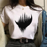 Maycaur New Funny Moon Print T Shirt Women White and Black Shirts Fashion Round Neck Short Sleeve T-Shirt Summer Tees Casual Top