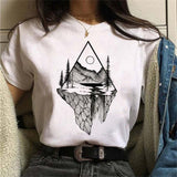 Maycaur New Funny Moon Print T Shirt Women White and Black Shirts Fashion Round Neck Short Sleeve T-Shirt Summer Tees Casual Top