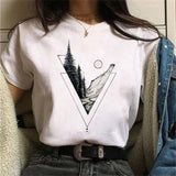 Maycaur New Funny Moon Print T Shirt Women White and Black Shirts Fashion Round Neck Short Sleeve T-Shirt Summer Tees Casual Top