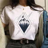 Maycaur New Funny Moon Print T Shirt Women White and Black Shirts Fashion Round Neck Short Sleeve T-Shirt Summer Tees Casual Top