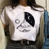 Maycaur New Funny Moon Print T Shirt Women White and Black Shirts Fashion Round Neck Short Sleeve T-Shirt Summer Tees Casual Top