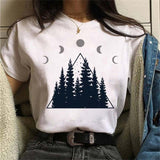 Maycaur New Funny Moon Print T Shirt Women White and Black Shirts Fashion Round Neck Short Sleeve T-Shirt Summer Tees Casual Top