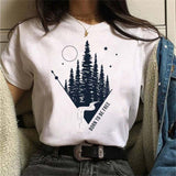 Maycaur New Funny Moon Print T Shirt Women White and Black Shirts Fashion Round Neck Short Sleeve T-Shirt Summer Tees Casual Top