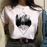 Maycaur New Funny Moon Print T Shirt Women White and Black Shirts Fashion Round Neck Short Sleeve T-Shirt Summer Tees Casual Top