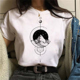 Maycaur New Funny Moon Print T Shirt Women White and Black Shirts Fashion Round Neck Short Sleeve T-Shirt Summer Tees Casual Top