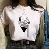 Maycaur New Funny Moon Print T Shirt Women White and Black Shirts Fashion Round Neck Short Sleeve T-Shirt Summer Tees Casual Top