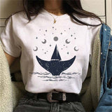 Maycaur New Funny Moon Print T Shirt Women White and Black Shirts Fashion Round Neck Short Sleeve T-Shirt Summer Tees Casual Top