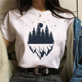 Maycaur New Funny Moon Print T Shirt Women White and Black Shirts Fashion Round Neck Short Sleeve T-Shirt Summer Tees Casual Top
