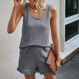 Summer Beach Two Piece Set Women tassel Tracksuit Loungewear Casual Sleeveless Tops + Slim Shorts Suit Elegant Woman Set Outfits