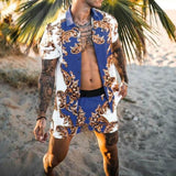 Fashion Hawaiian Print Short Sleeve Shirt Set Mens Beach Coconut Print Shorts Mens Two-piece M-3XL