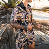 Fashion Hawaiian Print Short Sleeve Shirt Set Mens Beach Coconut Print Shorts Mens Two-piece M-3XL