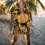 Fashion Hawaiian Print Short Sleeve Shirt Set Mens Beach Coconut Print Shorts Mens Two-piece M-3XL