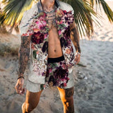 Fashion Hawaiian Print Short Sleeve Shirt Set Mens Beach Coconut Print Shorts Mens Two-piece M-3XL