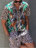 Fashion Hawaiian Print Short Sleeve Shirt Set Mens Beach Coconut Print Shorts Mens Two-piece M-3XL