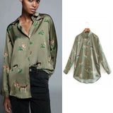 Women's Satin Long Sleeve Zebra Print Blouse