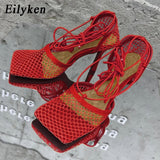 Eilyken 2021 New Sexy Yellow Mesh Pumps Sandals Female Square Toe high heel Lace Up Cross-tied Stiletto hollow Dress shoes