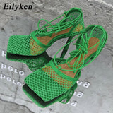 Eilyken 2021 New Sexy Yellow Mesh Pumps Sandals Female Square Toe high heel Lace Up Cross-tied Stiletto hollow Dress shoes