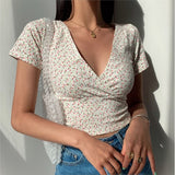 Summer French retro floral V-neck short-sleeved T-shirt Slim slimming wild high waist T-shirt womens top