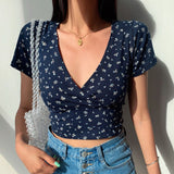 Summer French retro floral V-neck short-sleeved T-shirt Slim slimming wild high waist T-shirt womens top