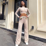 InstaHot Women Two Piece Wide Leg Pant Set And Elegant Turtleneck Crop Top