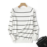 Long Sleeve Striped Pullover Women Sweater Knitted Sweaters O-Neck Tops Korean Pull Femme Jumper Female White
