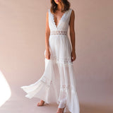 Woman Sexy Deep V-neck Lace Maxi Dress Summer Hollow Out Backless Long Dresses Female Elegant Casual Robe Beach Bohemian Dress