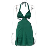 Dulzura Satin Women Halter Mini Dress Slit Lace Up Bandage Hollow Out Backless Sexy Streetwear