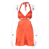 Dulzura Satin Women Halter Mini Dress Slit Lace Up Bandage Hollow Out Backless Sexy Streetwear