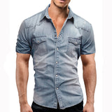 Men Spring Summer Denim Thin Shirt Short Sleeve Soft Cotton Two Pockets Slim Slight Elastic Jeans