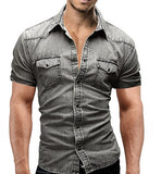 Men Spring Summer Denim Thin Shirt Short Sleeve Soft Cotton Two Pockets Slim Slight Elastic Jeans