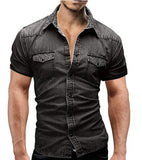 Men Spring Summer Denim Thin Shirt Short Sleeve Soft Cotton Two Pockets Slim Slight Elastic Jeans