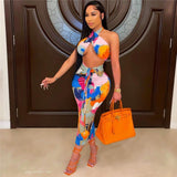 2021 Sexy Print Tracksuit Woman Two Piece Boho Outfit Suits Halter Bandage Tanks And Ruched Drawstring Midi Skirts Matching Sets