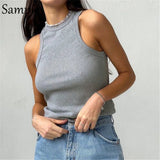 Sampic Knitted Summer Ribber Sleevless T Shirt Tops Women Casual Khaki White Crop Tops 2021 Club Short Skinny Tank Tops Fashion