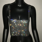 Bling Rhinestones Fashion Solid Backless Straps Full Diamonds Sequins Cami Cropped Top for Women