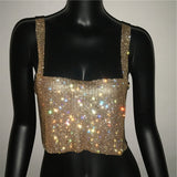 Bling Rhinestones Fashion Solid Backless Straps Full Diamonds Sequins Cami Cropped Top for Women