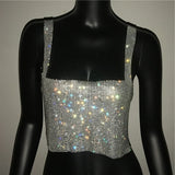 Bling Rhinestones Fashion Solid Backless Straps Full Diamonds Sequins Cami Cropped Top for Women