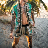 Fashion Hawaiian Print Short Sleeve Shirt Set Mens Beach Coconut Print Shorts Mens Two-piece M-3XL