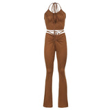 BIIKPIIK Halter Criss-Cross Crop Top And Women's Drawstring Pants Matching Sets Skinny Hollow Out Sexy Two Piece Set For Women