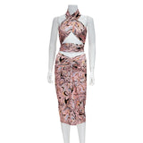2021 Sexy Print Tracksuit Woman Two Piece Boho Outfit Suits Halter Bandage Tanks And Ruched Drawstring Midi Skirts Matching Sets