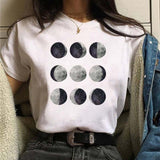 Maycaur New Funny Moon Print T Shirt Women White and Black Shirts Fashion Round Neck Short Sleeve T-Shirt Summer Tees Casual Top