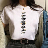 Maycaur New Funny Moon Print T Shirt Women White and Black Shirts Fashion Round Neck Short Sleeve T-Shirt Summer Tees Casual Top