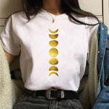 Maycaur New Funny Moon Print T Shirt Women White and Black Shirts Fashion Round Neck Short Sleeve T-Shirt Summer Tees Casual Top