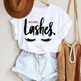 Women Make Up Letter Funny New Eye Eyelash Fashion Cartoon Summer Lady Print Tee