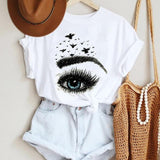 Women Make Up Letter Funny New Eye Eyelash Fashion Cartoon Summer Lady Print Tee