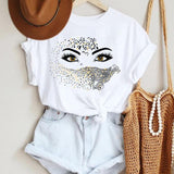 Women Make Up Letter Funny New Eye Eyelash Fashion Cartoon Summer Lady Print Tee